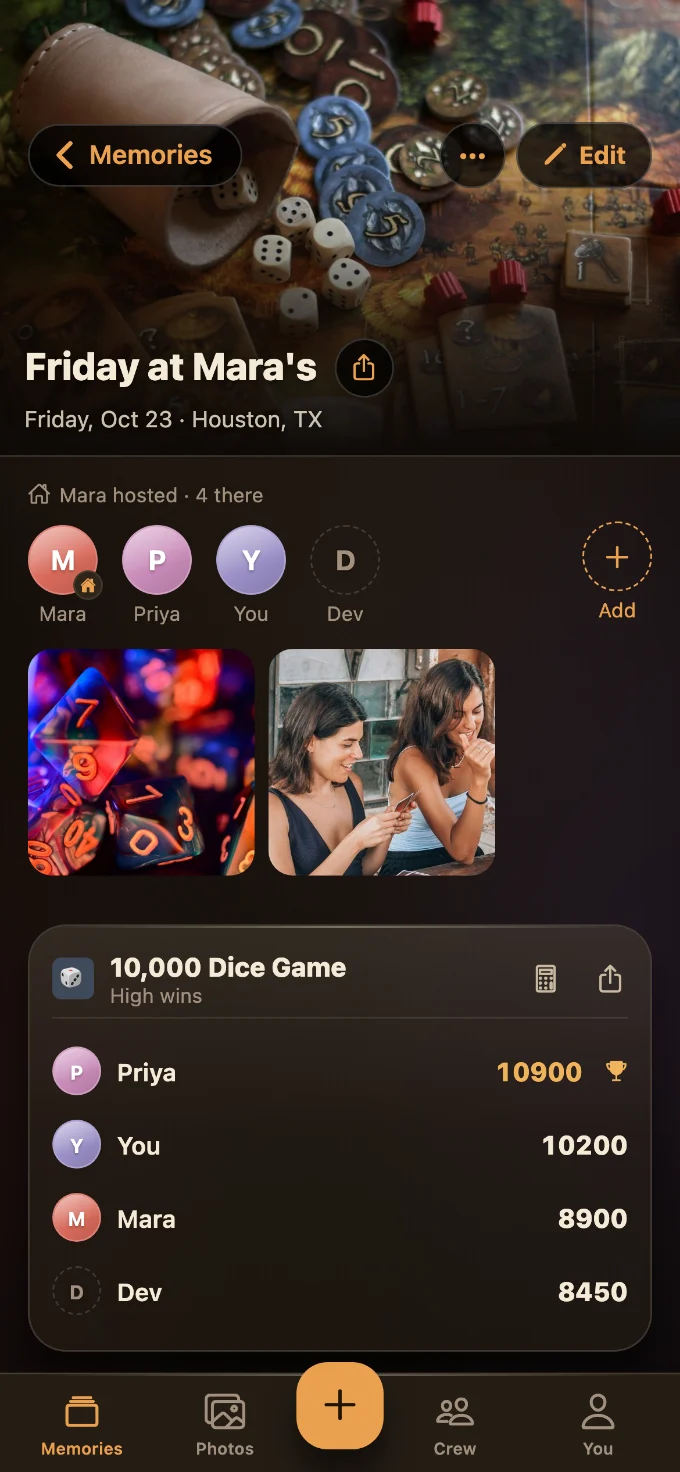 10,000 Dice Game saved in Tabletales: Friday at Mara’s, with You, Mara, Dev and Priya, photos from the table, and the game’s card with every score.