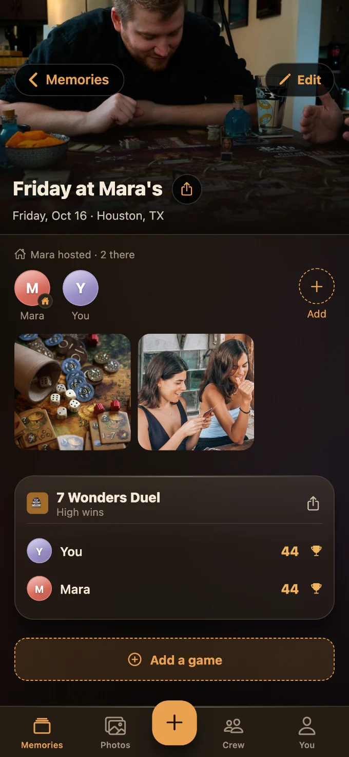 7 Wonders Duel saved in Tabletales: Friday at Mara’s, with You and Mara, photos from the table, and the game’s card with every score.