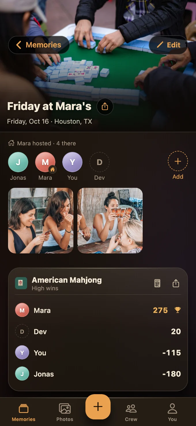 American Mahjong saved in Tabletales: Friday at Mara’s, with You, Mara, Dev and Jonas, photos from the table, and the game’s card with every score.