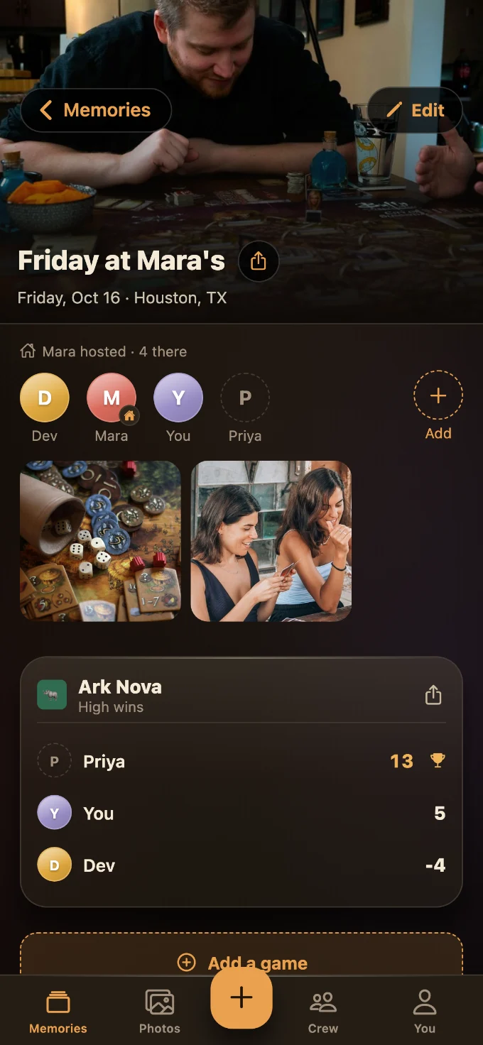 Ark Nova saved in Tabletales: Friday at Mara’s, with You, Dev and Priya, photos from the table, and the game’s card with every score.