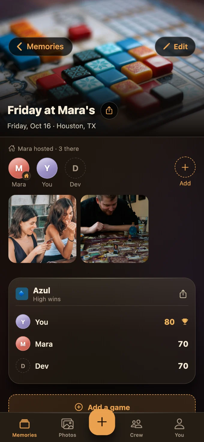 Azul saved in Tabletales: Friday at Mara’s, with You, Mara and Dev, photos from the table, and the game’s card with every score.