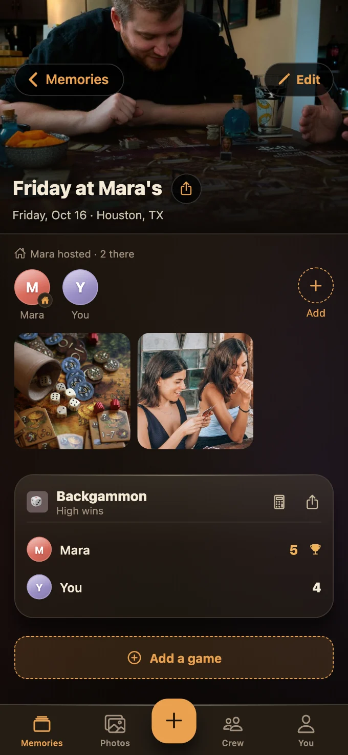 Backgammon saved in Tabletales: Friday at Mara’s, with You and Mara, photos from the table, and the game’s card with every score.