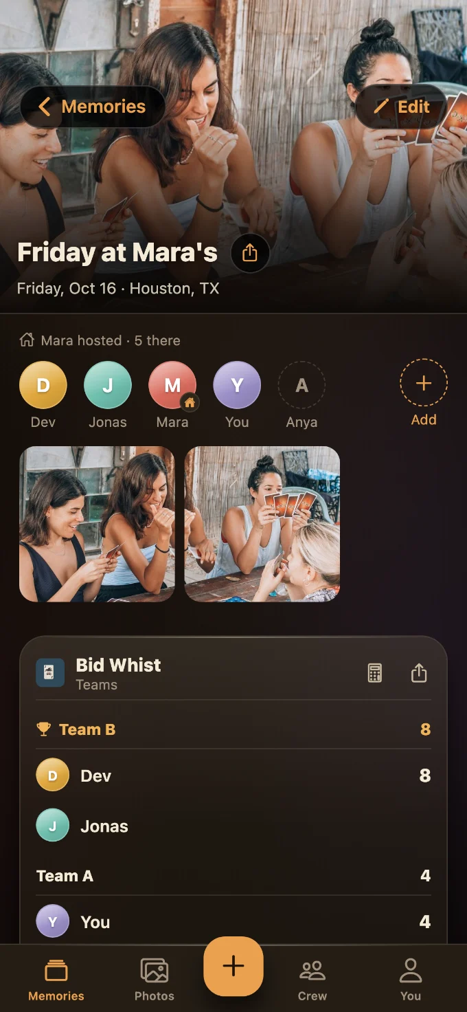 Bid Whist saved in Tabletales: Friday at Mara’s, with You, Dev, Anya and Jonas, photos from the table, and the game’s card with every score.