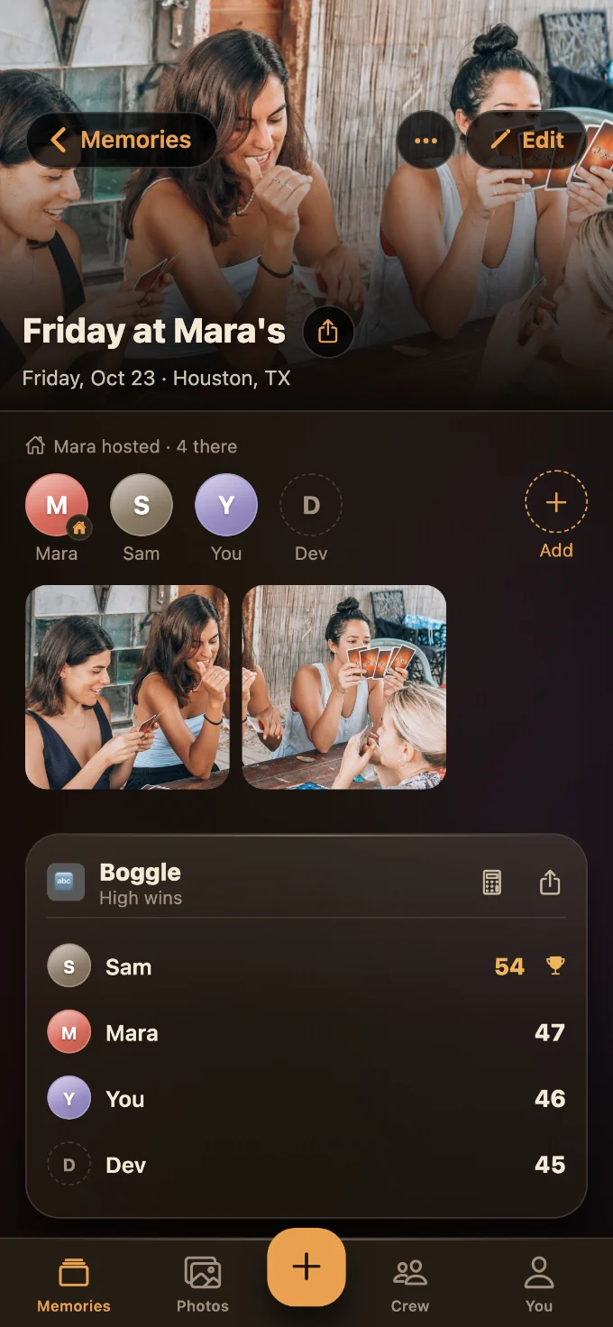 Boggle saved in Tabletales: Friday at Mara’s, with You, Mara, Dev and Sam, photos from the table, and the game’s card with every score.