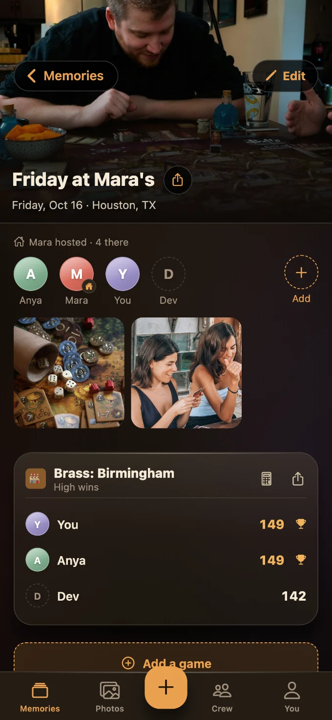 Brass: Birmingham saved in Tabletales: Friday at Mara’s, with You, Anya and Dev, photos from the table, and the game’s card with every score.