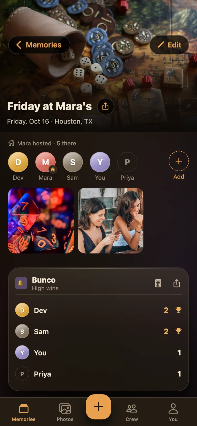 Bunco saved in Tabletales: Friday at Mara’s, with You, Dev, Priya and Sam, photos from the table, and the game’s card with every score.