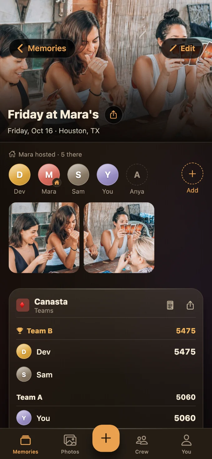 Canasta saved in Tabletales: Friday at Mara’s, with You, Dev, Anya and Sam, photos from the table, and the game’s card with every score.