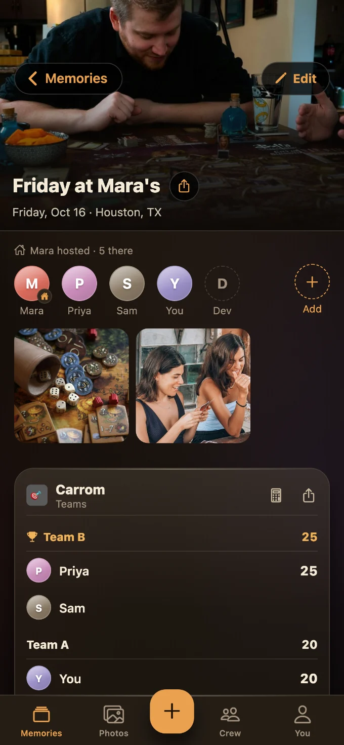 Carrom saved in Tabletales: Friday at Mara’s, with You, Priya, Dev and Sam, photos from the table, and the game’s card with every score.