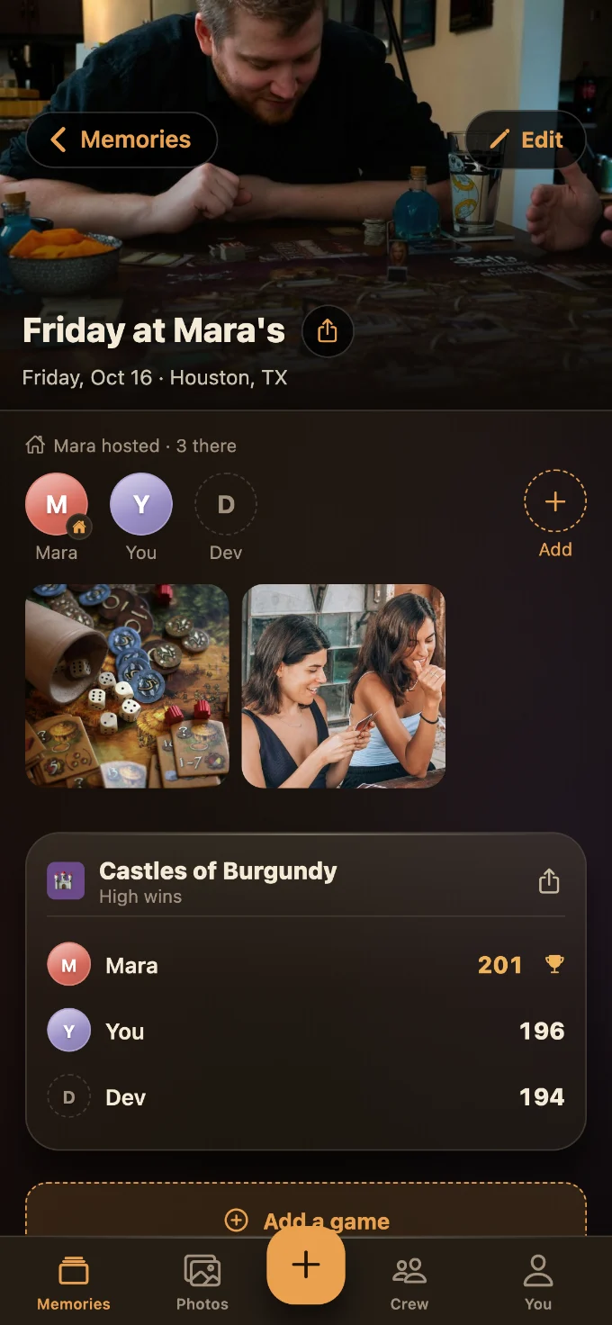 Castles of Burgundy saved in Tabletales: Friday at Mara’s, with You, Mara and Dev, photos from the table, and the game’s card with every score.