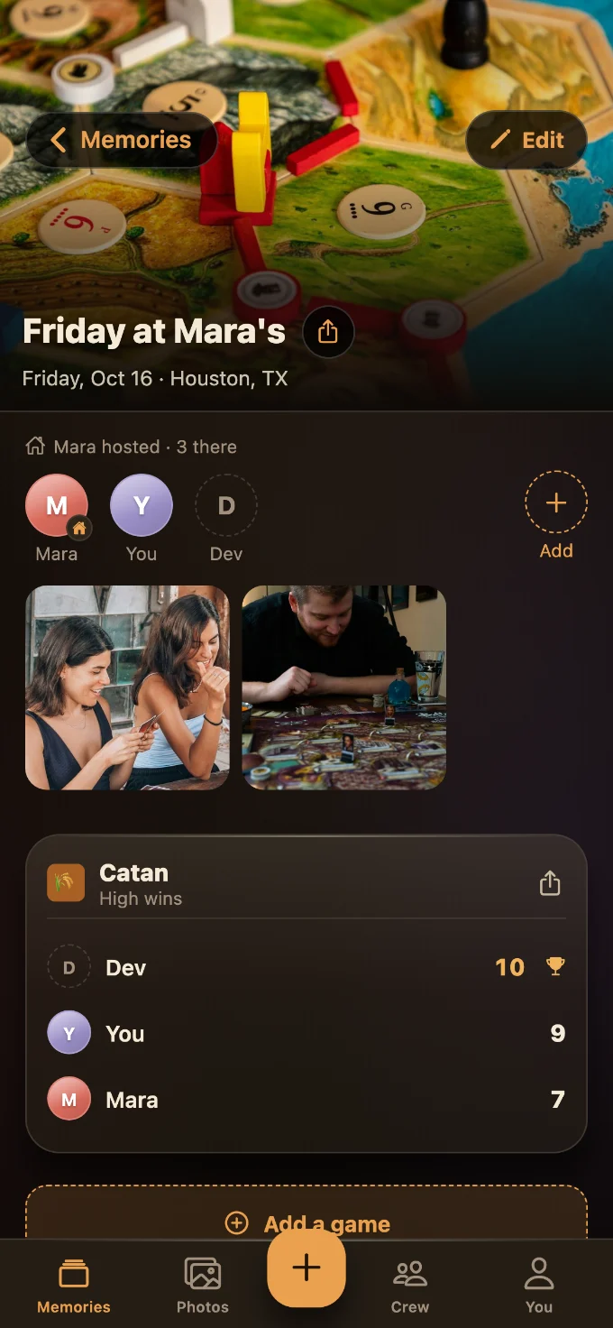 Catan saved in Tabletales: Friday at Mara’s, with You, Mara and Dev, photos from the table, and the game’s card with every score.