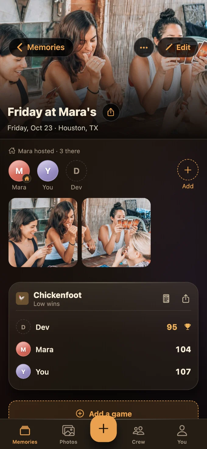 Chickenfoot saved in Tabletales: Friday at Mara’s, with You, Mara and Dev, photos from the table, and the game’s card with every score.