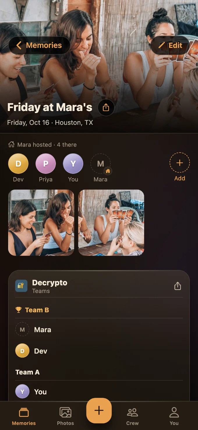Decrypto saved in Tabletales: Friday at Mara’s, with You, Priya, Mara and Dev, photos from the table, and the game’s card with every score.