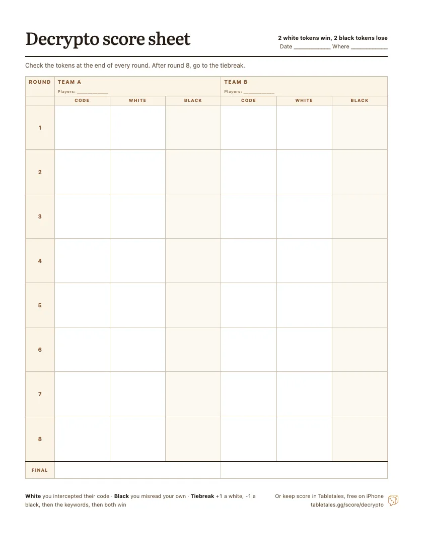 The printable Decrypto score sheet: two team columns, Team A and Team B, eight rounds, each with the code and the white and black tokens.
