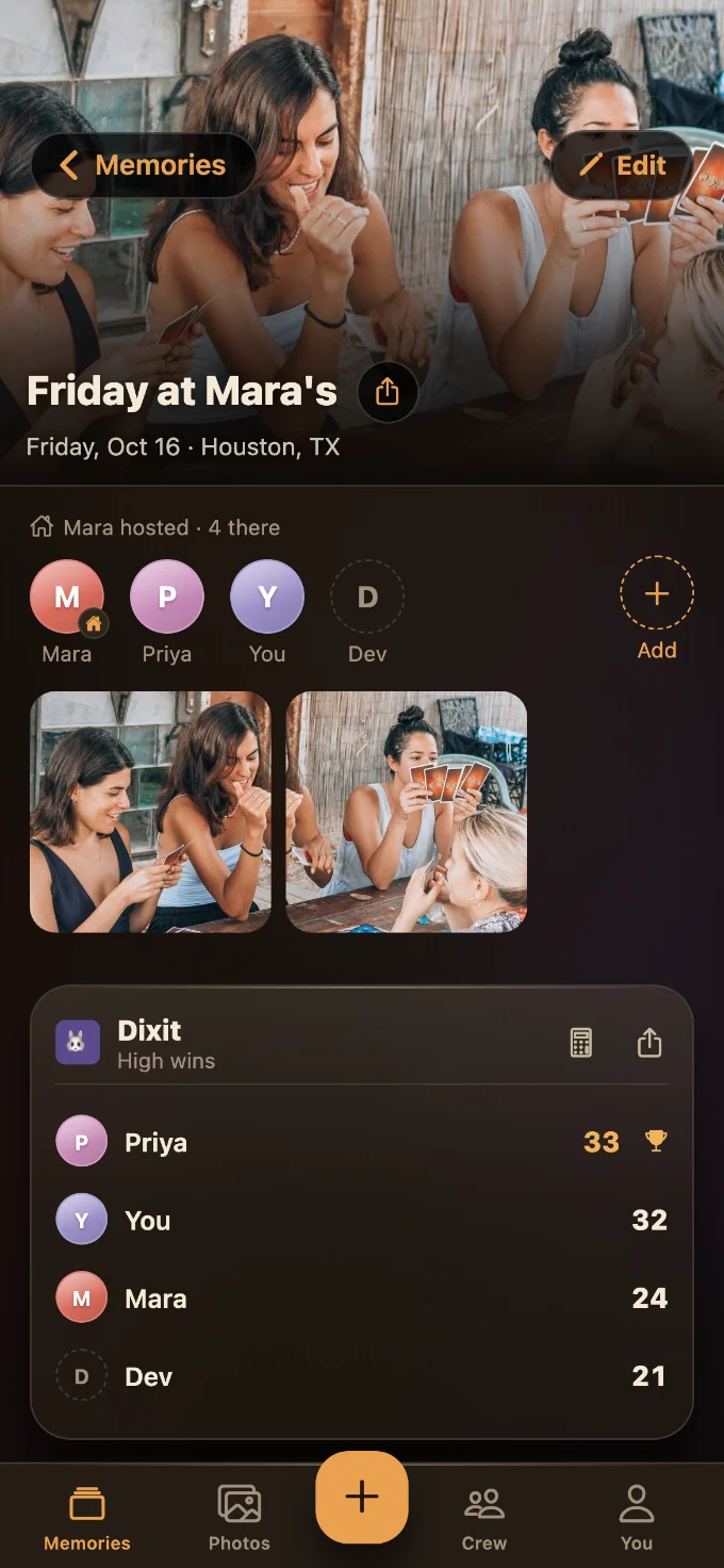 Dixit saved in Tabletales: Friday at Mara’s, with You, Mara, Dev and Priya, photos from the table, and the game’s card with every score.