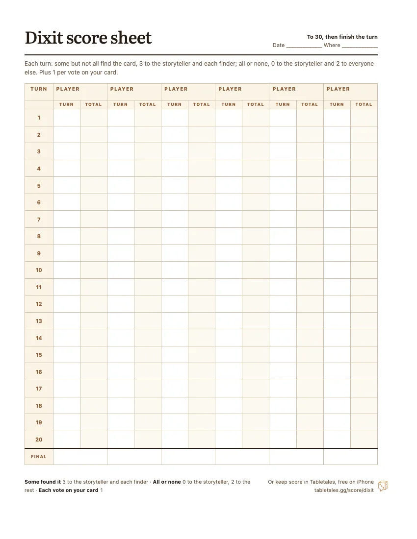 The printable Dixit score sheet: six player columns, twenty turns, each with the turn score and a running total.