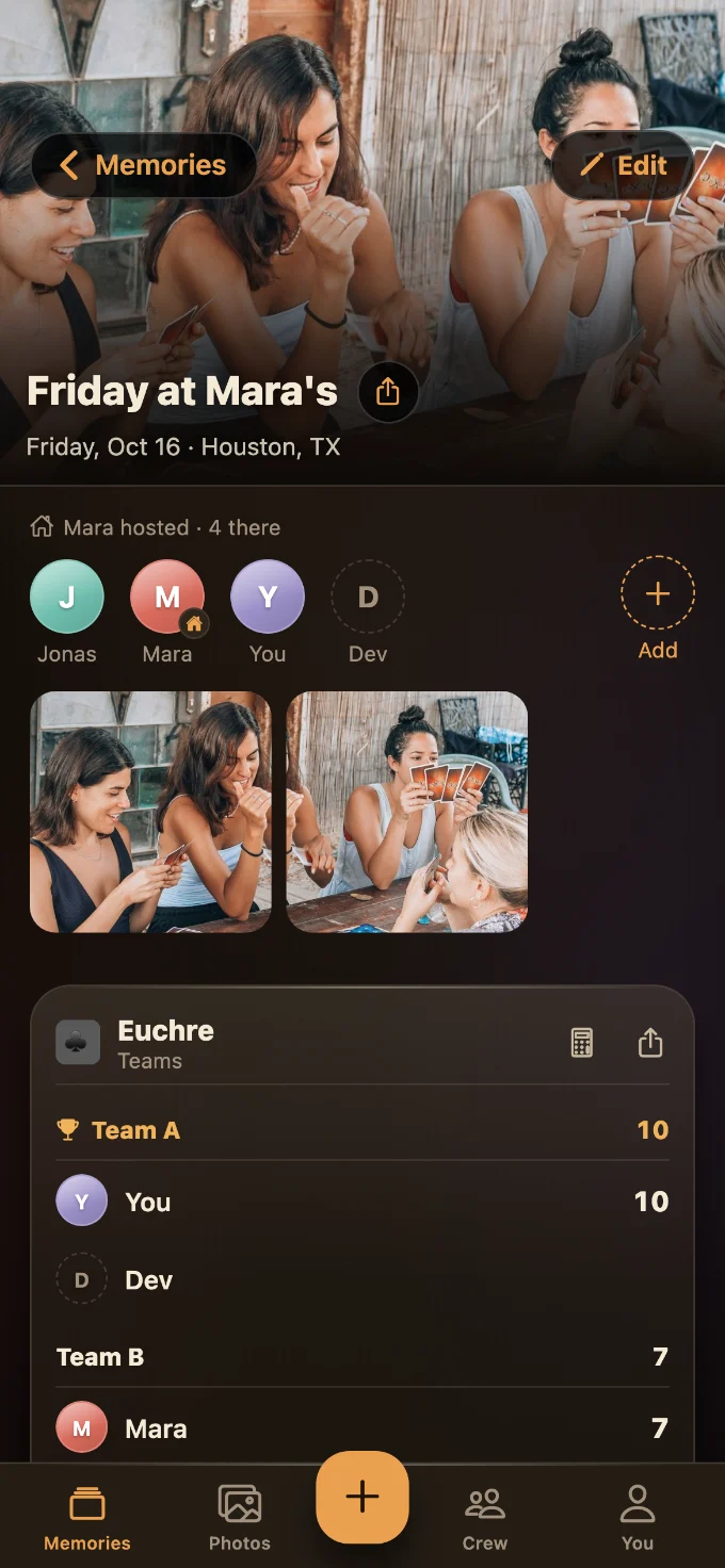 Euchre saved in Tabletales: Friday at Mara’s, with You, Mara, Dev and Jonas, photos from the table, and the game’s card with every score.