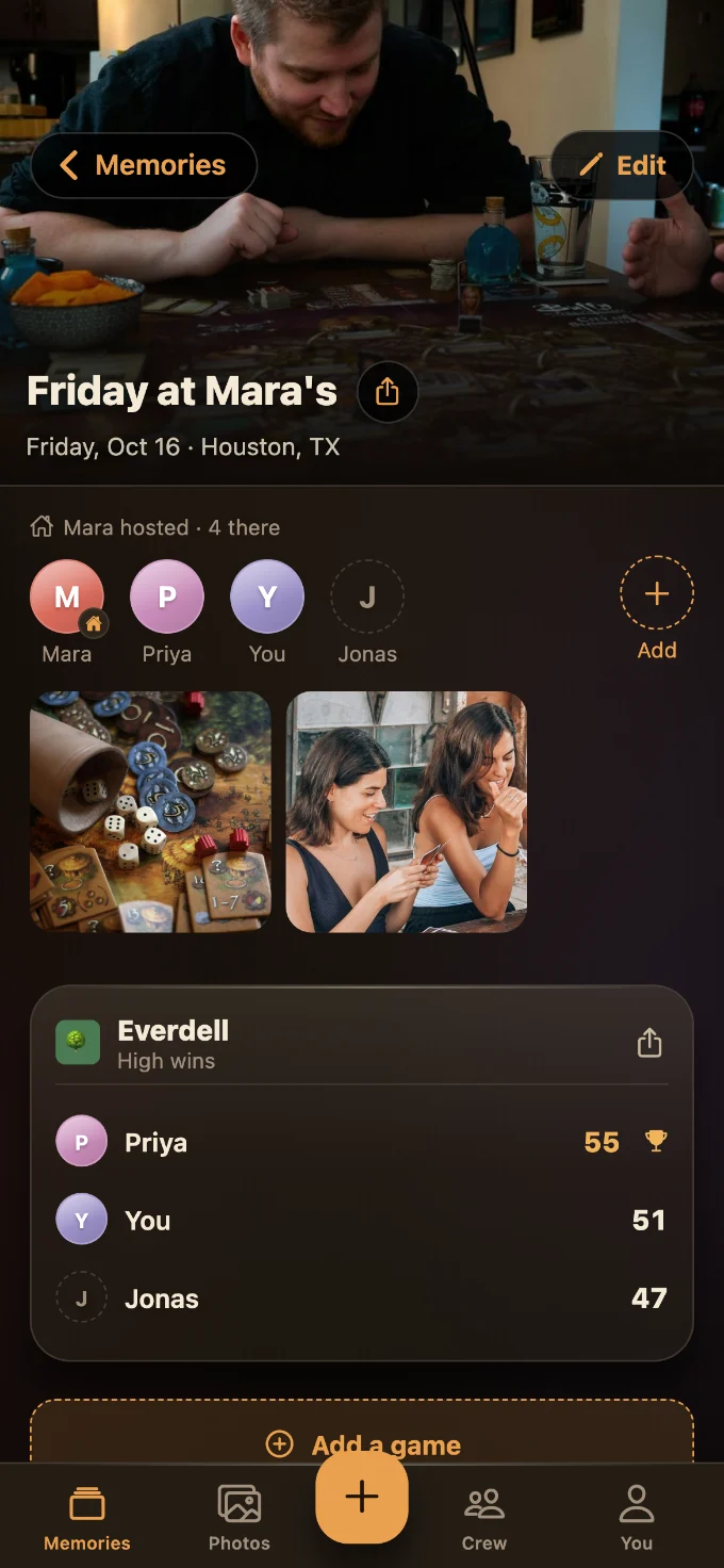 Everdell saved in Tabletales: Friday at Mara’s, with You, Priya and Jonas, photos from the table, and the game’s card with every score.