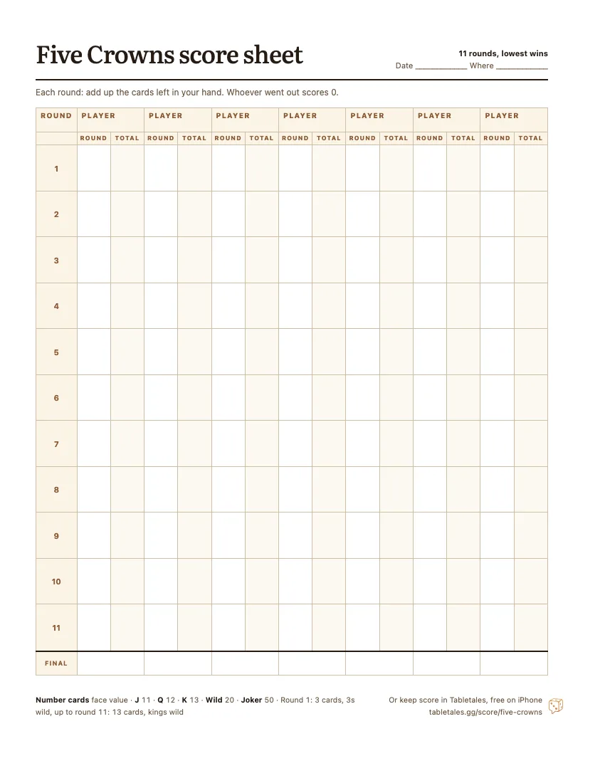 The printable Five Crowns score sheet: seven player columns, eleven rounds, each with the round’s score and a running total.