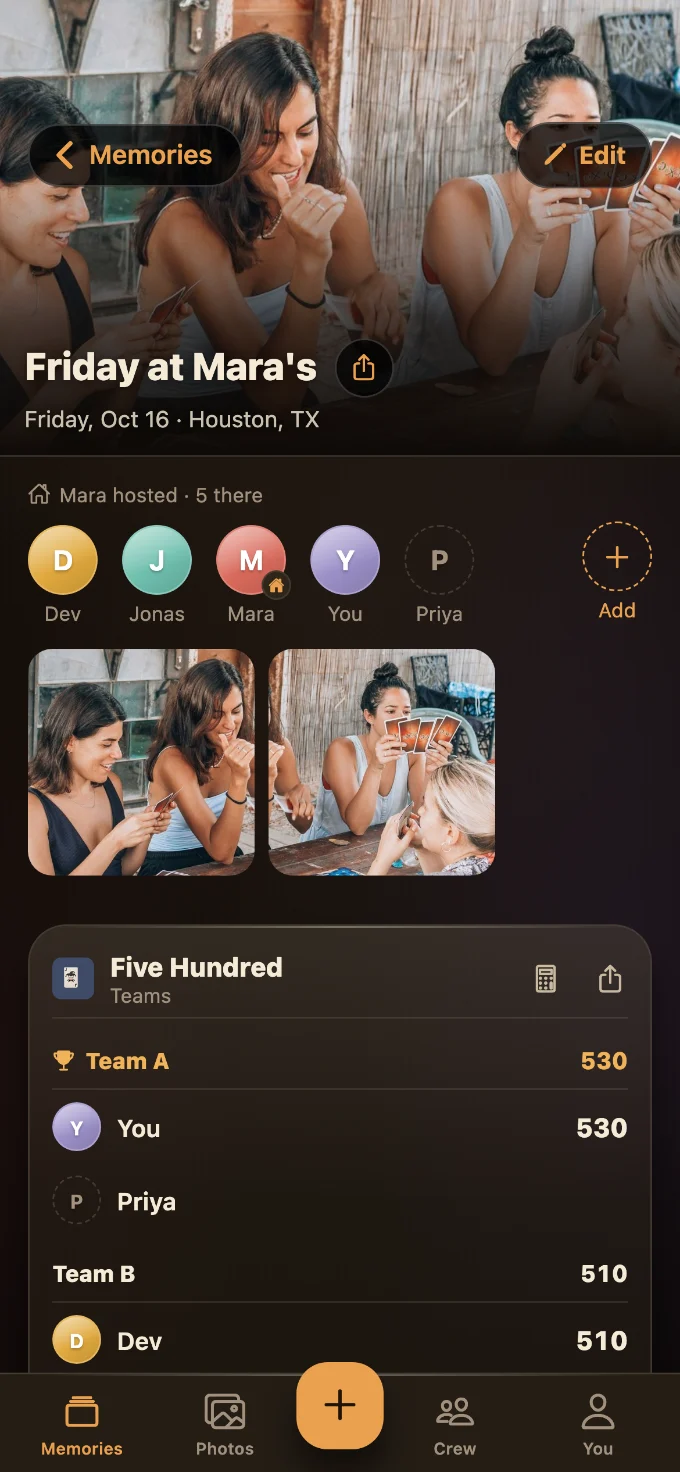 Five Hundred saved in Tabletales: Friday at Mara’s, with You, Dev, Priya and Jonas, photos from the table, and the game’s card with every score.
