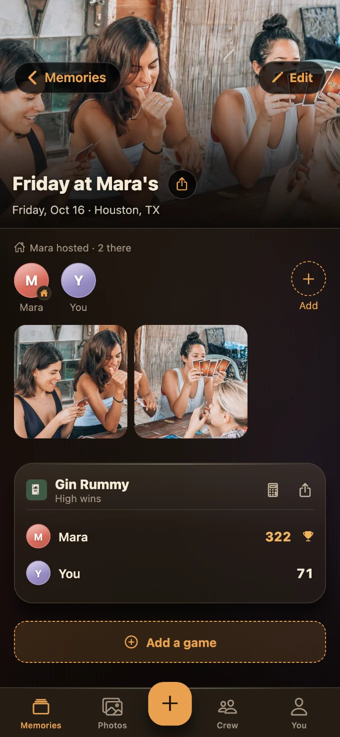 Gin Rummy saved in Tabletales: Friday at Mara’s, with You and Mara, photos from the table, and the game’s card with every score.