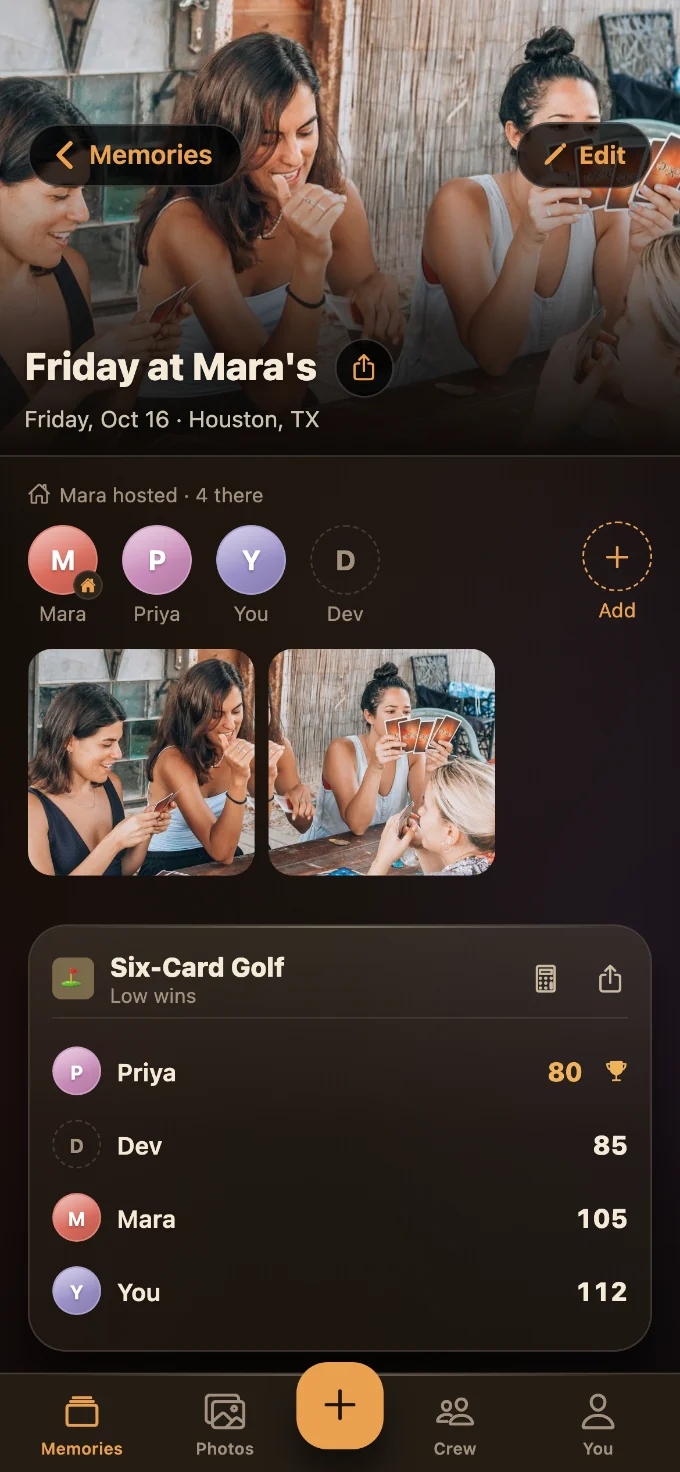 Six-Card Golf saved in Tabletales: Friday at Mara’s, with You, Mara, Dev and Priya, photos from the table, and the game’s card with every score.