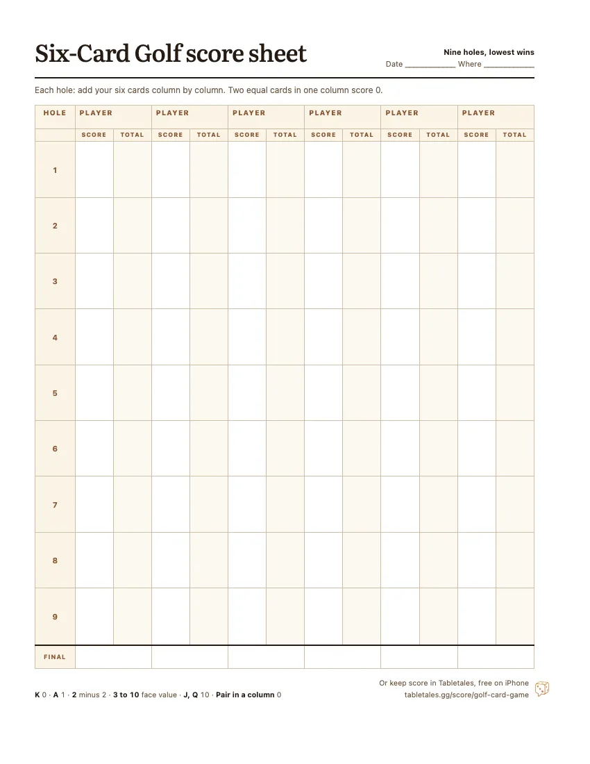 The printable Six-Card Golf score sheet: six player columns, nine holes, each with the hole’s score and a running total.