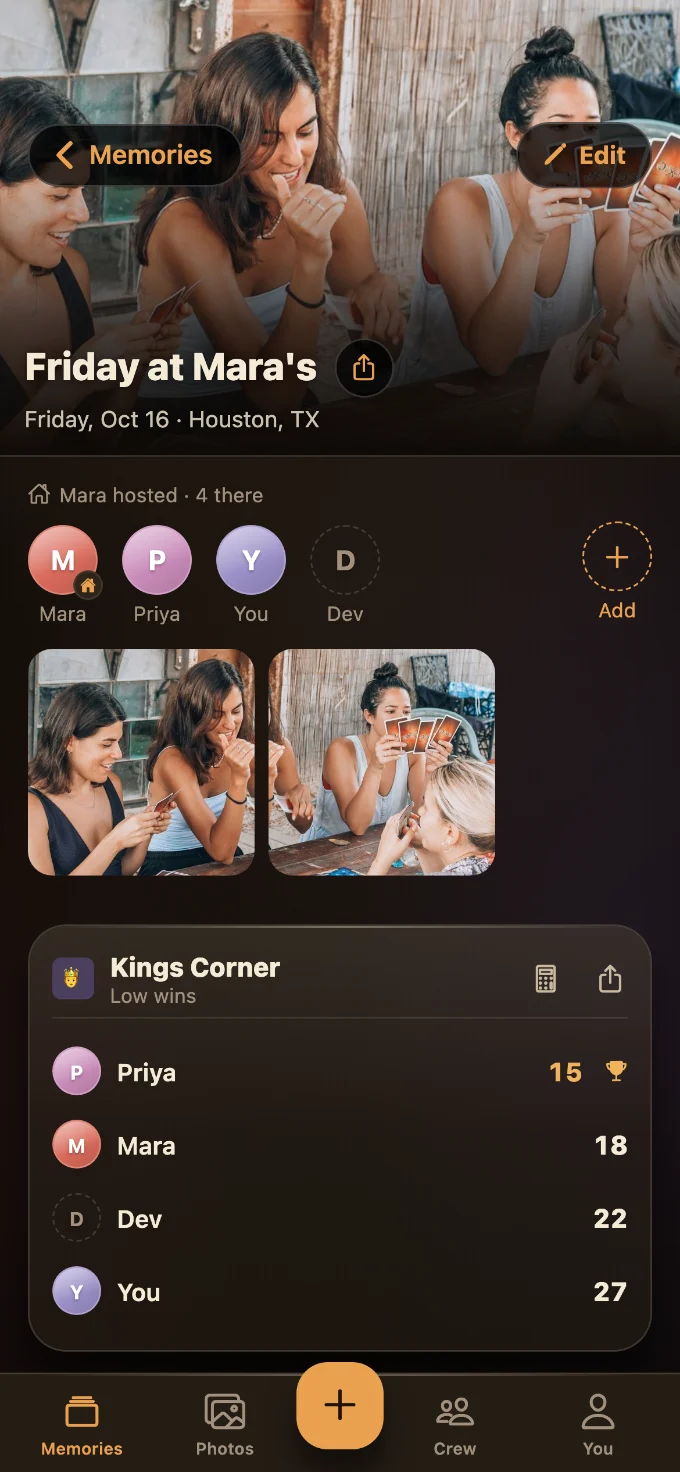 Kings Corner saved in Tabletales: Friday at Mara’s, with You, Mara, Dev and Priya, photos from the table, and the game’s card with every score.