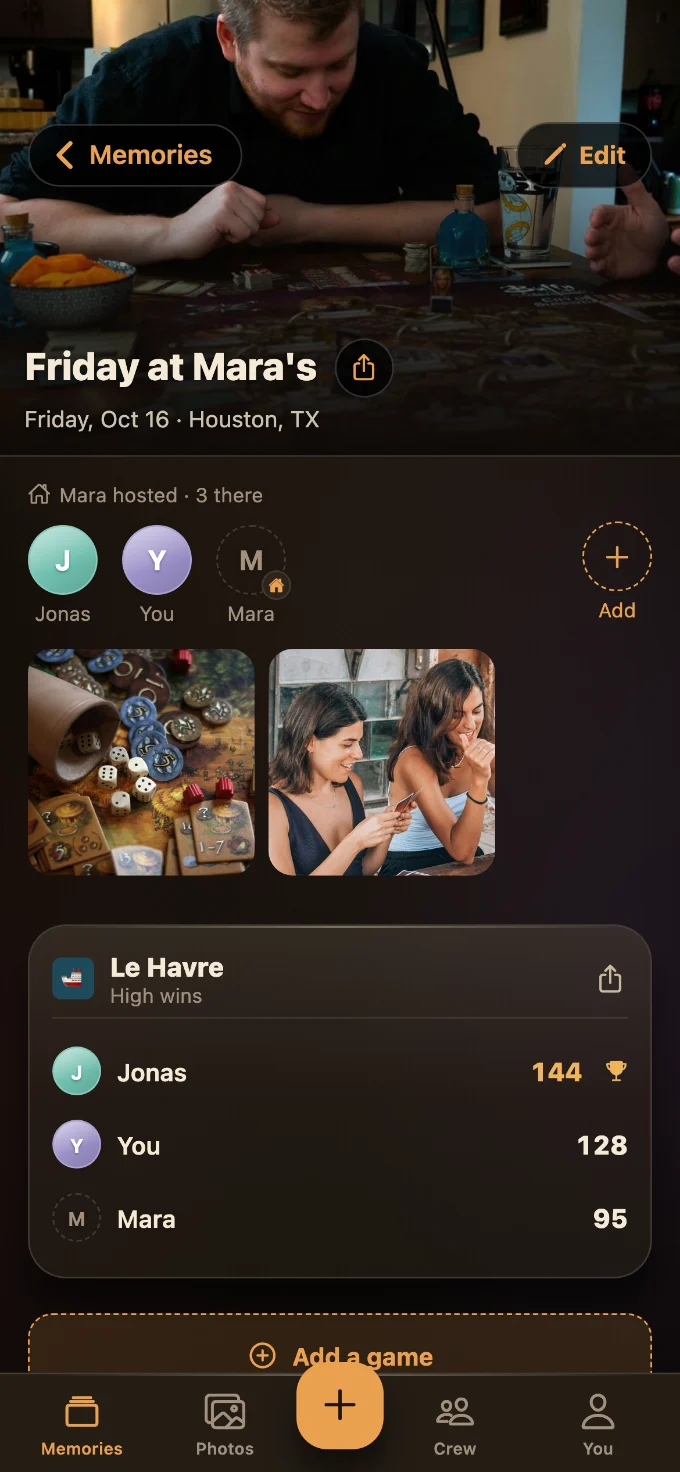 Le Havre saved in Tabletales: Friday at Mara’s, with You, Jonas and Mara, photos from the table, and the game’s card with every score.