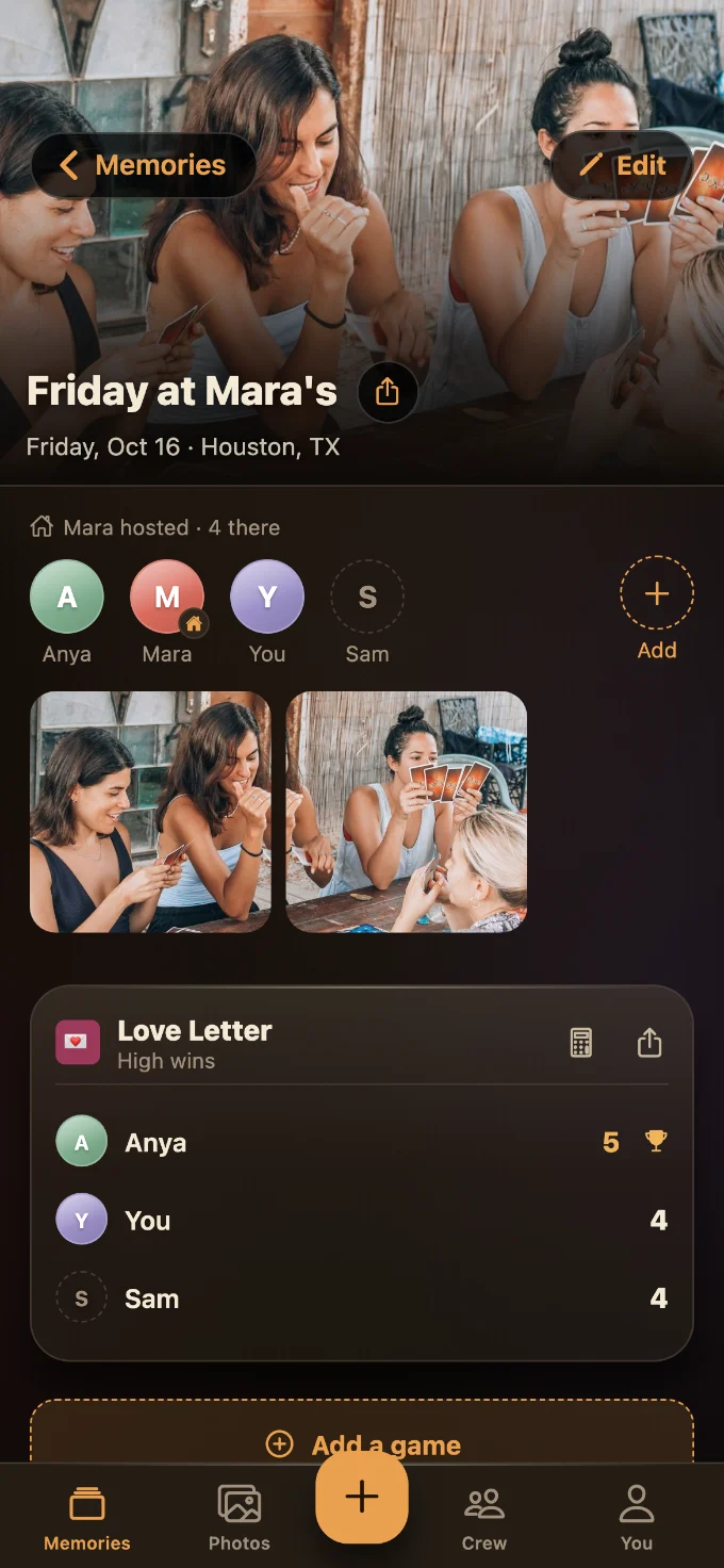 Love Letter saved in Tabletales: Friday at Mara’s, with You, Anya and Sam, photos from the table, and the game’s card with every score.