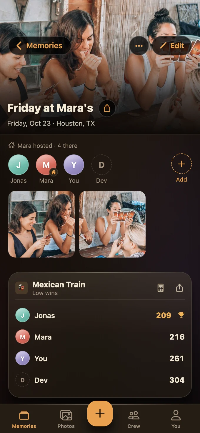 Mexican Train saved in Tabletales: Friday at Mara’s, with You, Mara, Dev and Jonas, photos from the table, and the game’s card with every score.