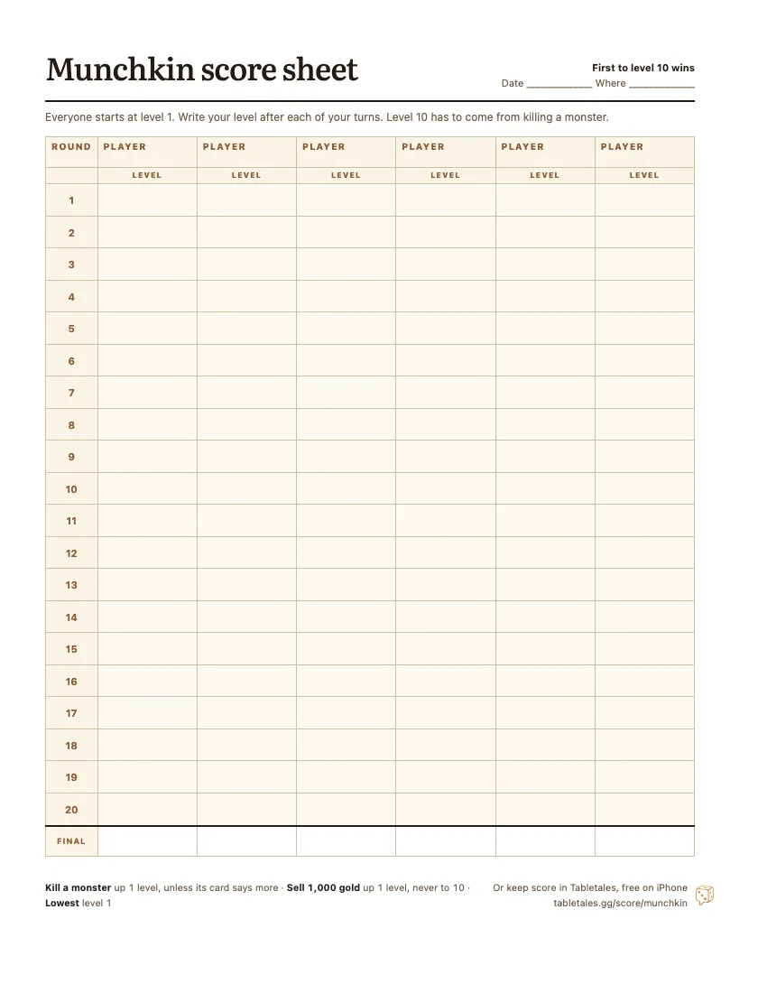 The printable Munchkin score sheet: six player columns and twenty rounds, each with a box for the player’s level, and the final level at the bottom.
