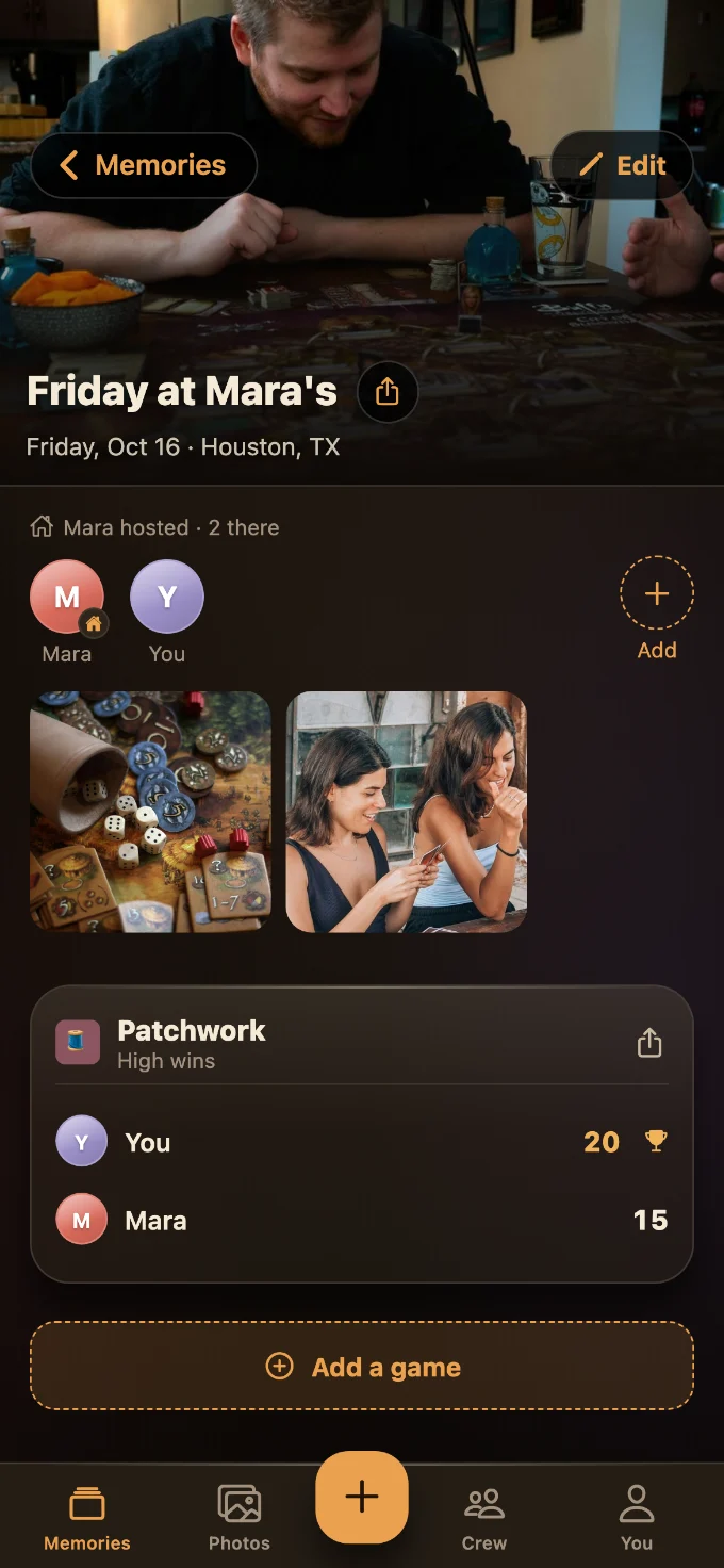 Patchwork saved in Tabletales: Friday at Mara’s, with You and Mara, photos from the table, and the game’s card with every score.