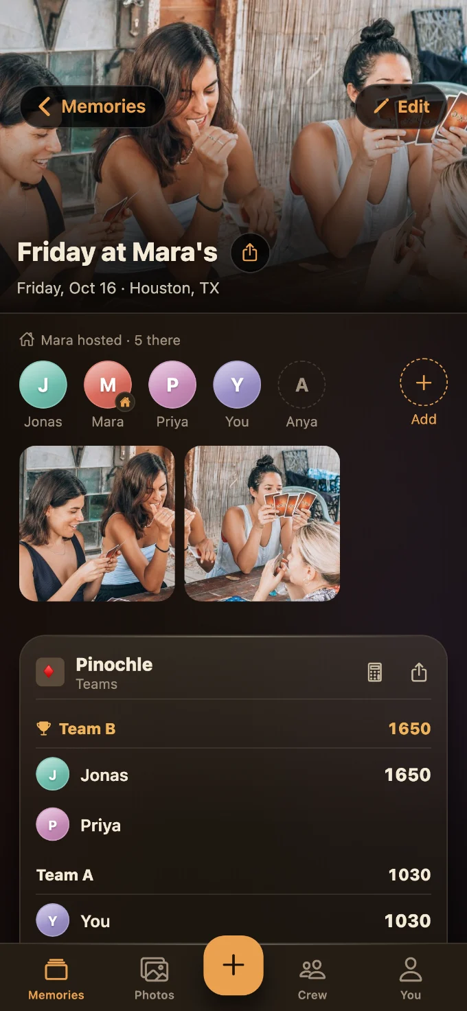 Pinochle saved in Tabletales: Friday at Mara’s, with You, Jonas, Anya and Priya, photos from the table, and the game’s card with every score.