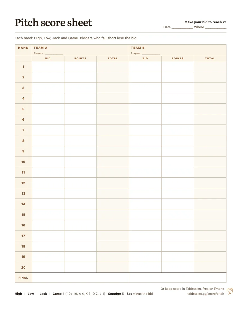 The printable Pitch score sheet: two team columns, Team A and Team B, twenty hands, each with the bid, the points won and a running total.