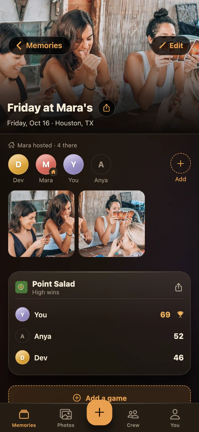 Point Salad saved in Tabletales: Friday at Mara’s, with You, Dev and Anya, photos from the table, and the game’s card with every score.