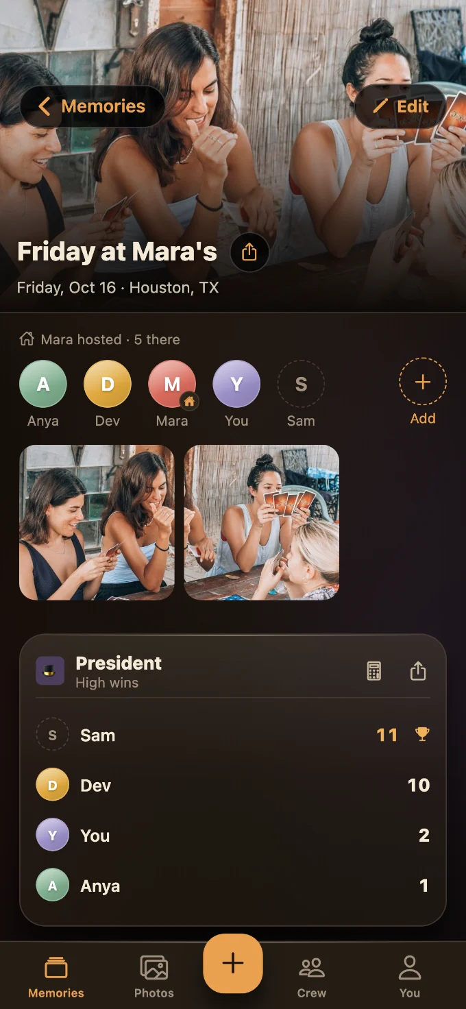 President saved in Tabletales: Friday at Mara’s, with You, Dev, Sam and Anya, photos from the table, and the game’s card with every score.