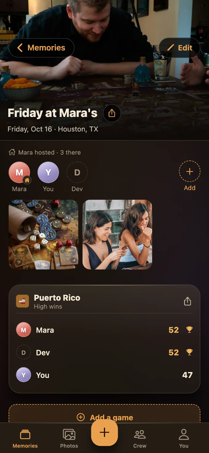 Puerto Rico saved in Tabletales: Friday at Mara’s, with You, Mara and Dev, photos from the table, and the game’s card with every score.
