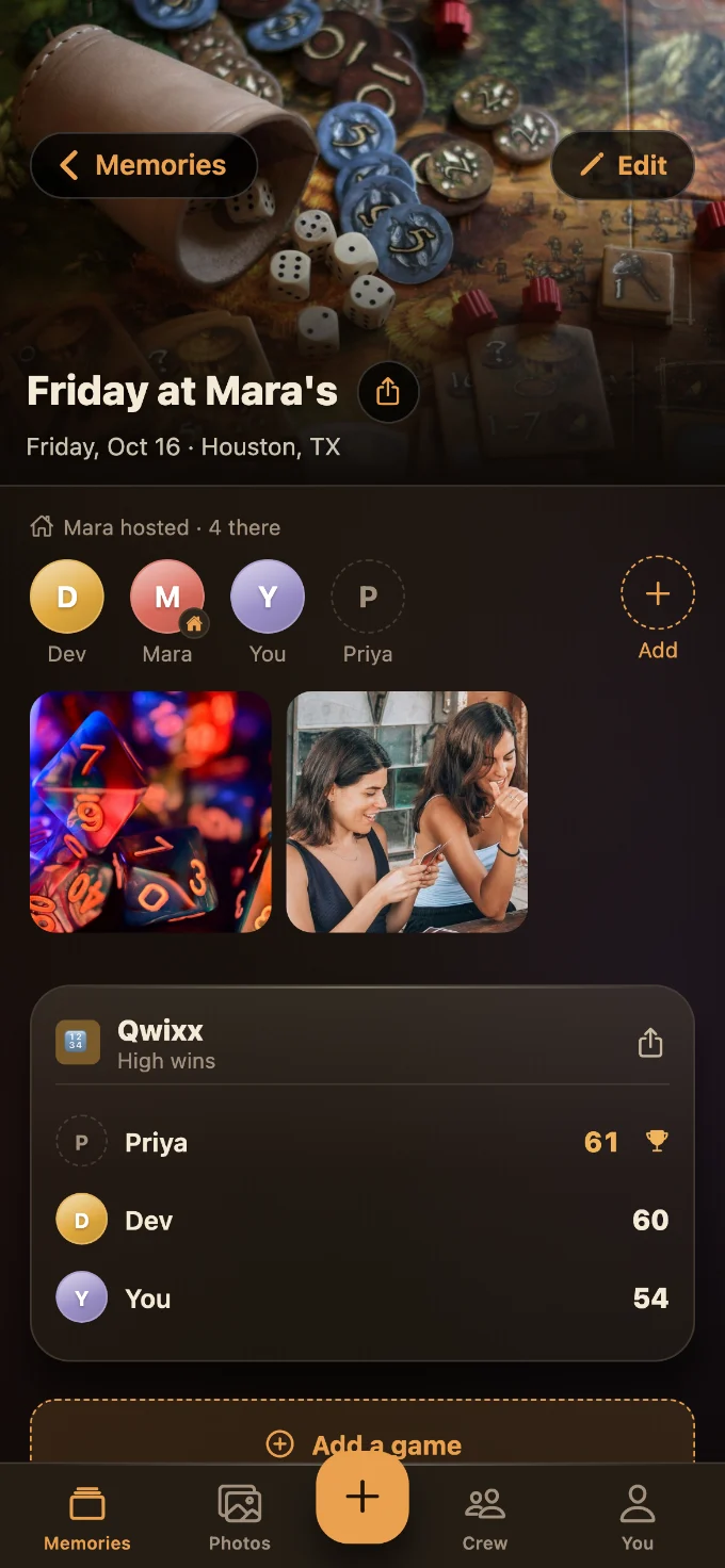 Qwixx saved in Tabletales: Friday at Mara’s, with You, Dev and Priya, photos from the table, and the game’s card with every score.