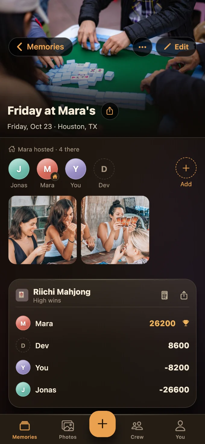 Riichi Mahjong saved in Tabletales: Friday at Mara’s, with You, Mara, Dev and Jonas, photos from the table, and the game’s card with every score.