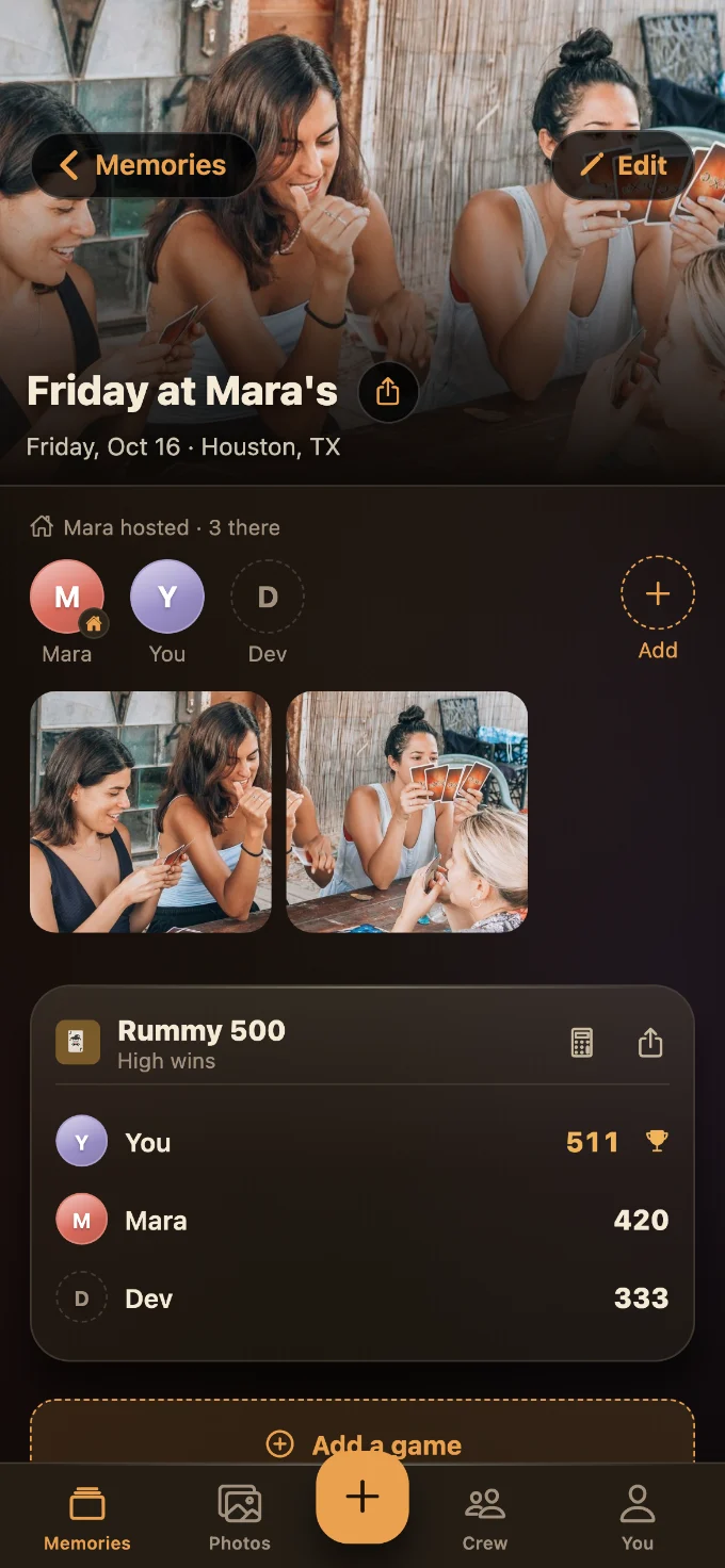 Rummy 500 saved in Tabletales: Friday at Mara’s, with You, Mara and Dev, photos from the table, and the game’s card with every score.