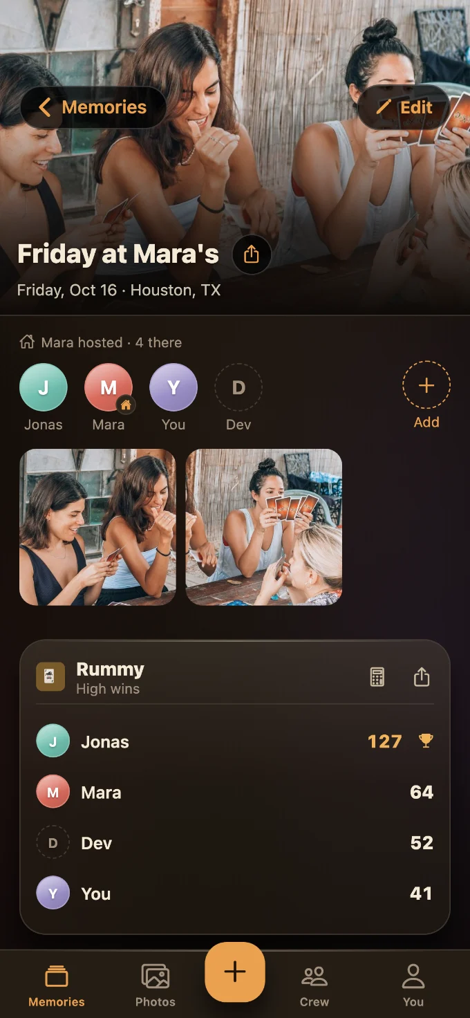 Rummy saved in Tabletales: Friday at Mara’s, with You, Mara, Dev and Jonas, photos from the table, and the game’s card with every score.