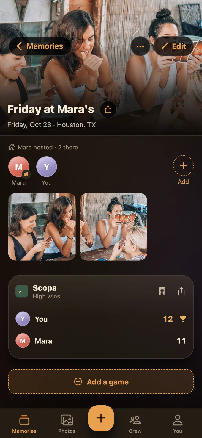 Scopa saved in Tabletales: Friday at Mara鈥檚, with You and Mara, photos from the table, and the game鈥檚 card with every score.