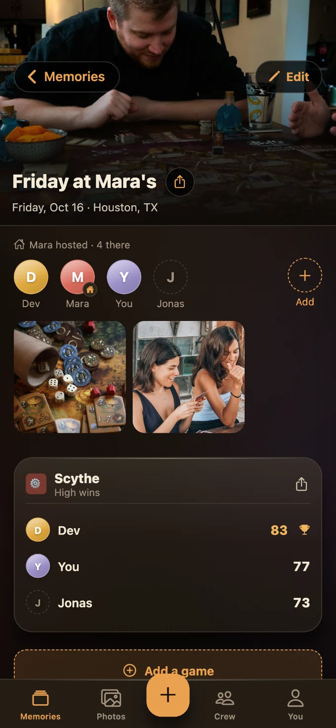 Scythe saved in Tabletales: Friday at Mara’s, with You, Dev and Jonas, photos from the table, and the game’s card with every score.