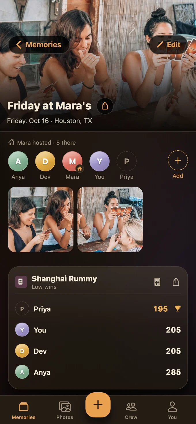 Shanghai Rummy saved in Tabletales: Friday at Mara’s, with You, Dev, Priya and Anya, photos from the table, and the game’s card with every score.