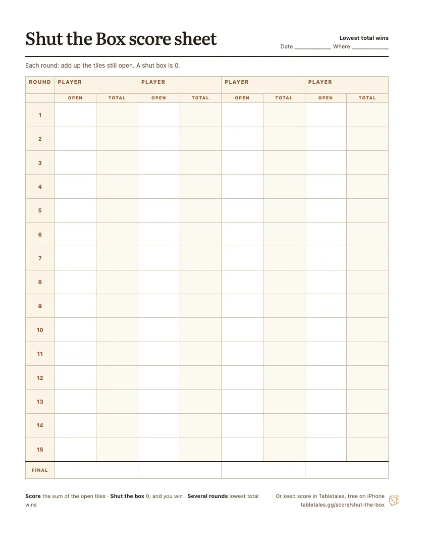 The printable Shut the Box score sheet: four player columns, fifteen rounds, each with the round’s score and a running total.