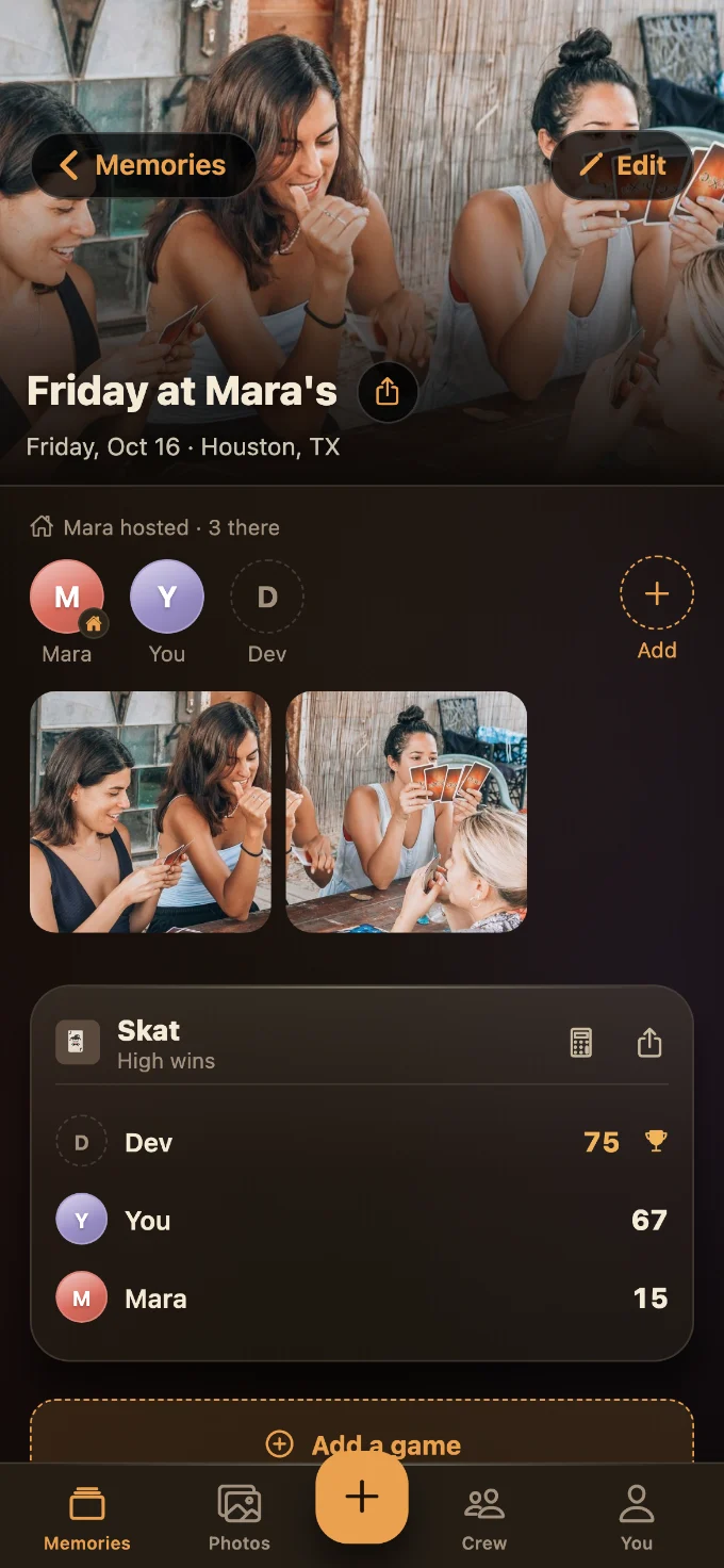 Skat saved in Tabletales: Friday at Mara’s, with You, Mara and Dev, photos from the table, and the game’s card with every score.