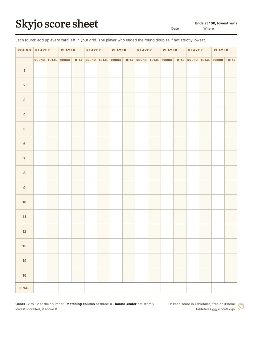 The printable Skyjo score sheet: eight player columns, fifteen rounds, each with the round score and a running total.