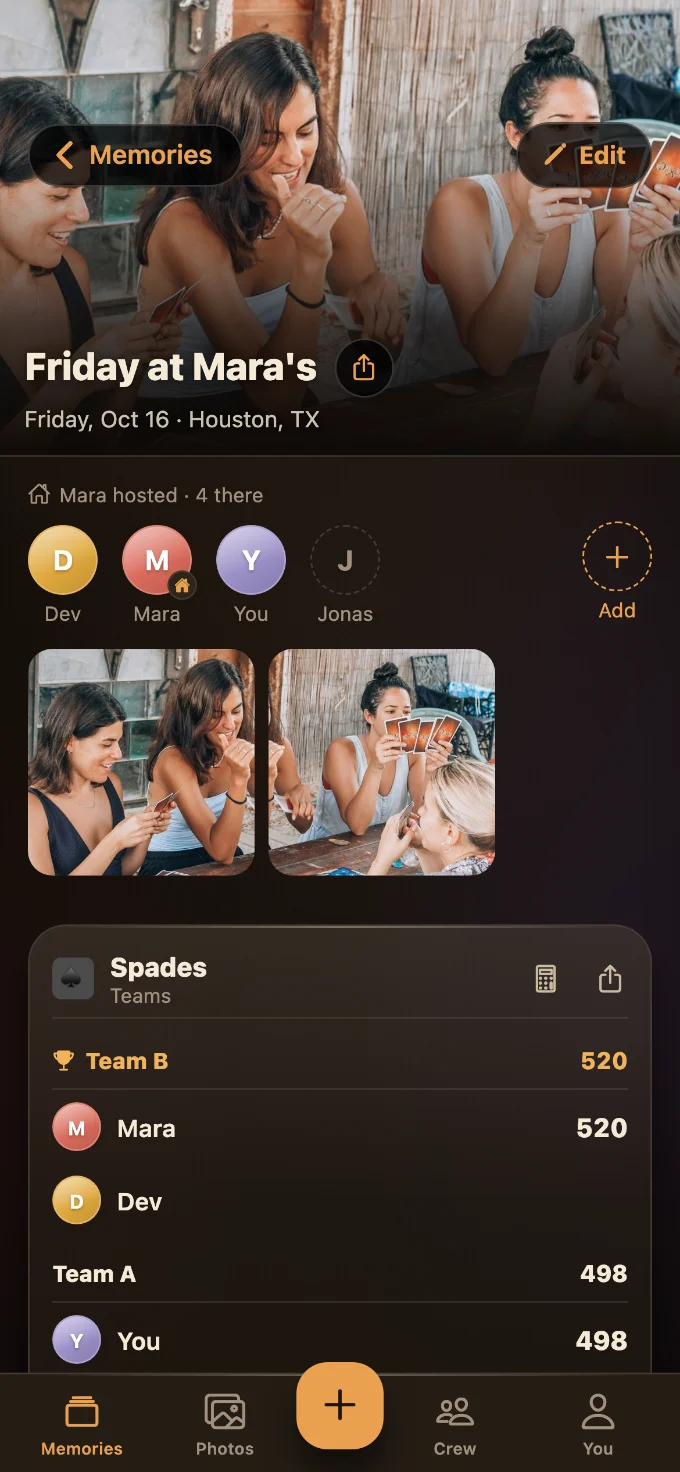 Spades saved in Tabletales: Friday at Mara’s, with You, Mara, Jonas and Dev, photos from the table, and the game’s card with every score.