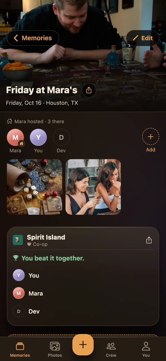 Spirit Island saved in Tabletales: Friday at Mara’s, with You, Mara and Dev, photos from the table, and the game’s card with every score.