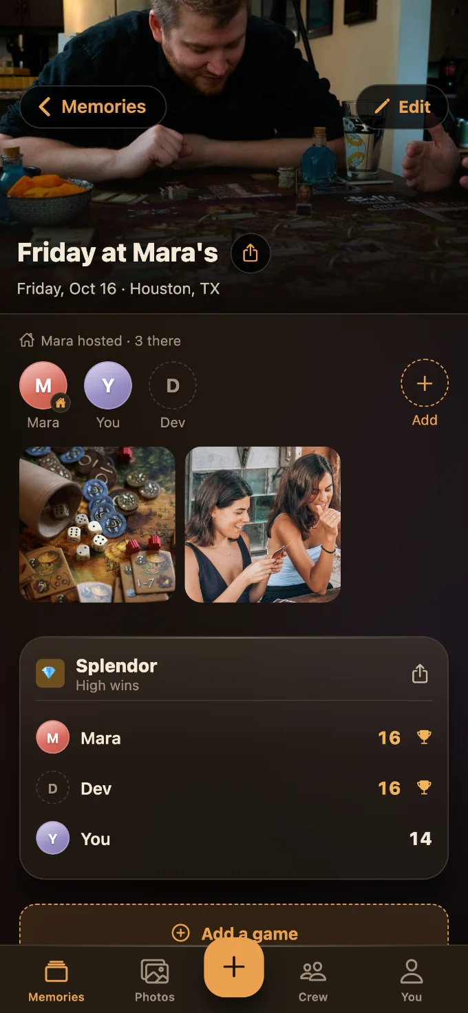 Splendor saved in Tabletales: Friday at Mara’s, with You, Mara and Dev, photos from the table, and the game’s card with every score.